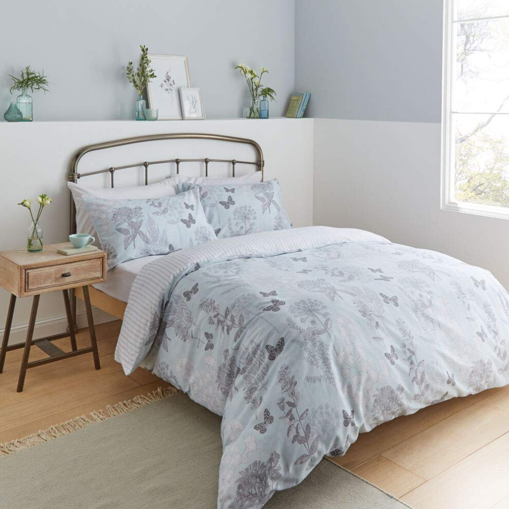 Catherine Lansfield Floral Butterfly Easy Care Double Duvet Set Duck Egg