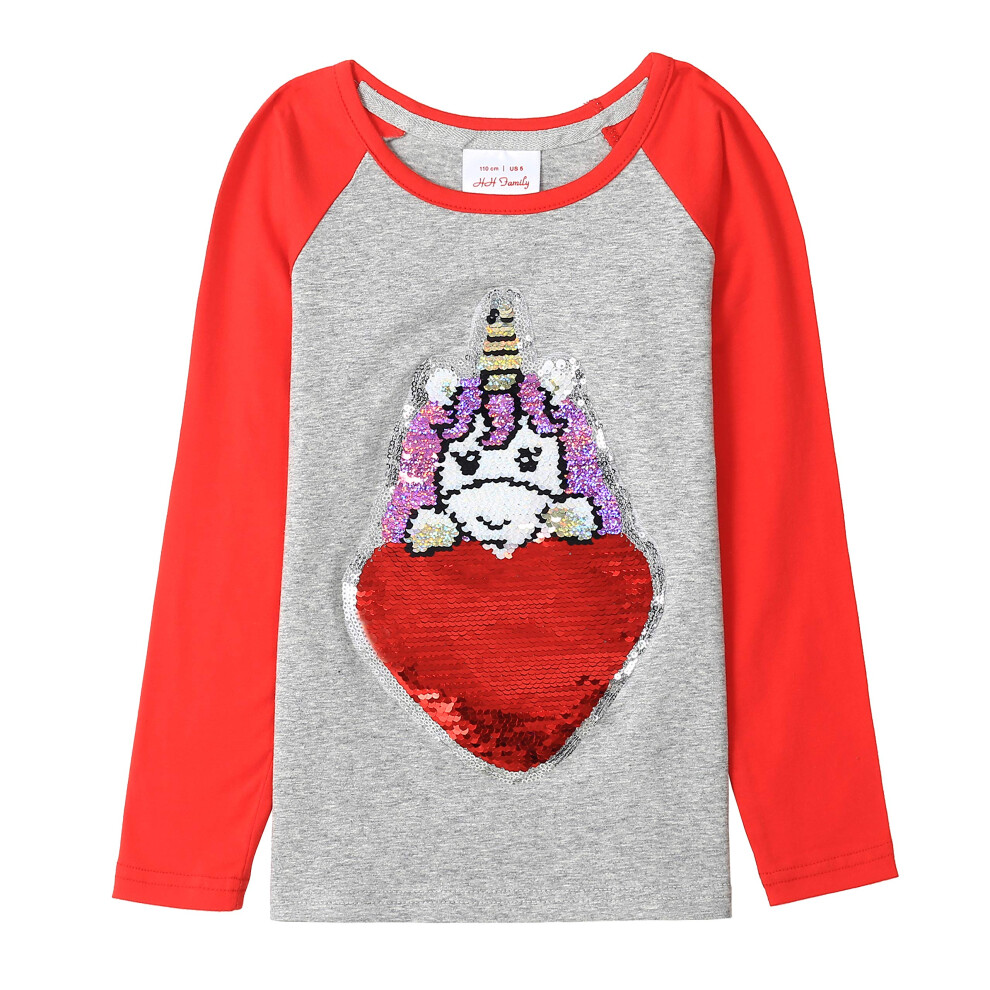 HH Family Valentine's Day Shirts for Girls Flip Sequin Unicorn Heart Kids T-Shirt Clothing (Unicorn VP  8)