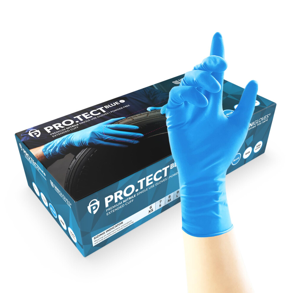 Unigloves Pro.tect Blue Nitrile Disposable Gloves, Extended Cuff, Nitrile Gloves, Size L 5060655504211