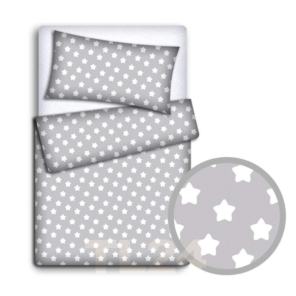 Baby Newborn Bedding Set Pillowcase + Duvet Quilt Cover 2 Piece To Fit Cot Crib Cradle Pram 135X100cm (Big Stars On Background) White/Grey Babymam