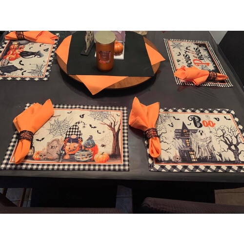 PLOYMONO Toalhas de Mesa Laranja Resistentes - 17 x 17 Polegadas Poliéster Lavável - Conjunto de 8 com Bordas 2