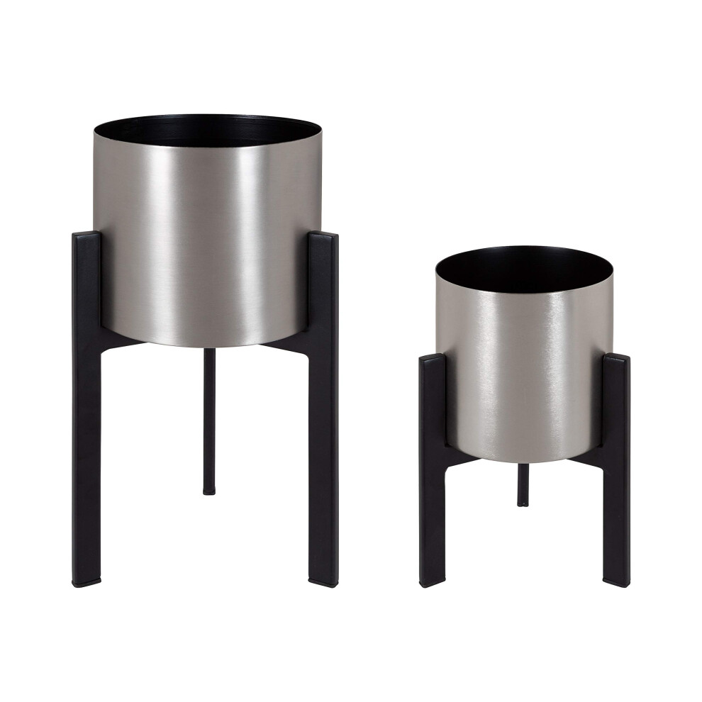 Kate and Laurel Kolding Modern Planter Set of 2 Silver and Black Elevated Industrial Tall Planter with Stand