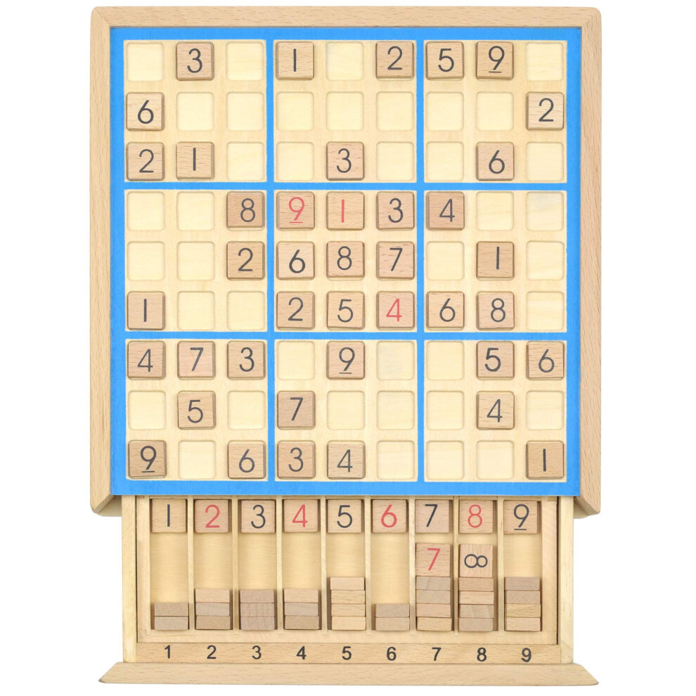 Kailimeng Sudoku-Brettspiel Aus Holz Mit Schublade 81 Felder, Zahlen- Und Ortspuzzle Aus Holz F R Kinder Und Erwachsene (Blaue Linie)-image