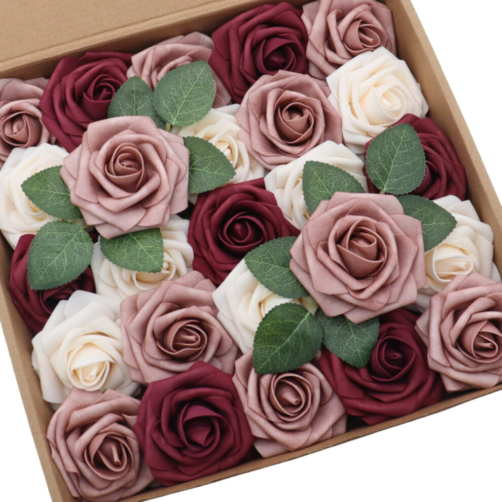 D-Seven 25pcs Artificial Flower Cream & Dusty Rose & Burgundy Rose with Stem for DIY Wedding Bouquets Arch Floral Arrangements Wedding Flower Backdrop