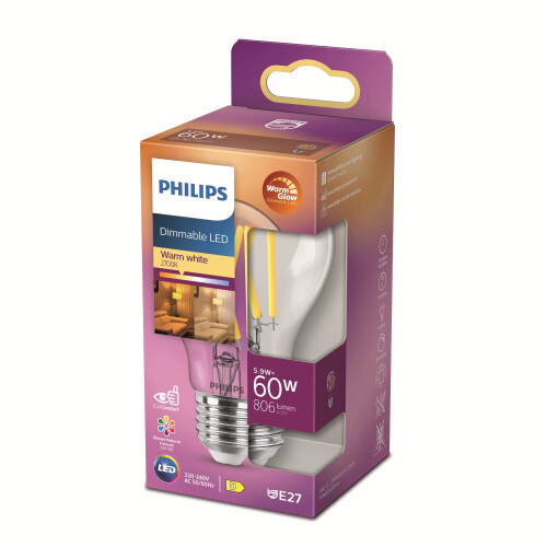 Philips LED E27 Normal 60W Klar Dimmbar WarmGlow 806lm