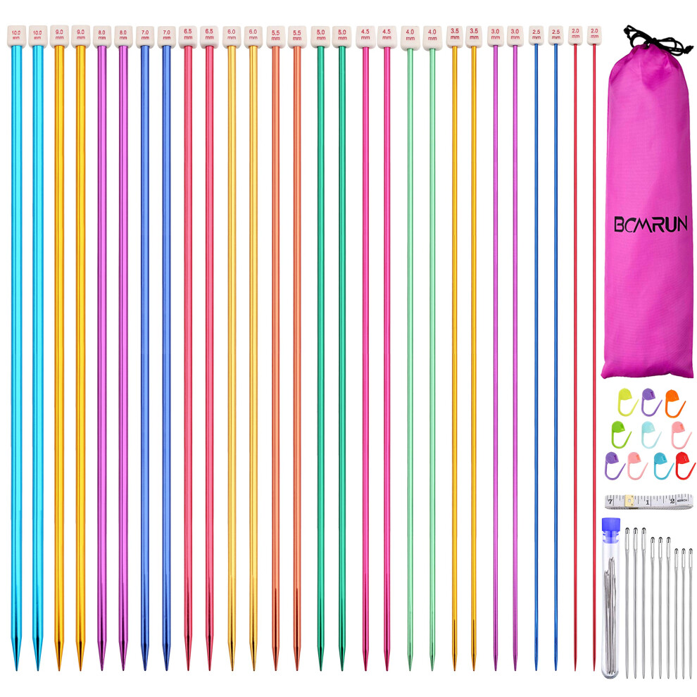 Bcmrun - Set Di Ferri Da Maglia In Acciaio Inox, 28 Pezzi, 14 Paia Di Ferri Da Maglia In Metallo A Punta Singola, 14 Misure Da 2,0 Mm A 10,0 Mm, Lunghezza 13,8 Cm Per Lavori A Maglia Fai Da Te-image