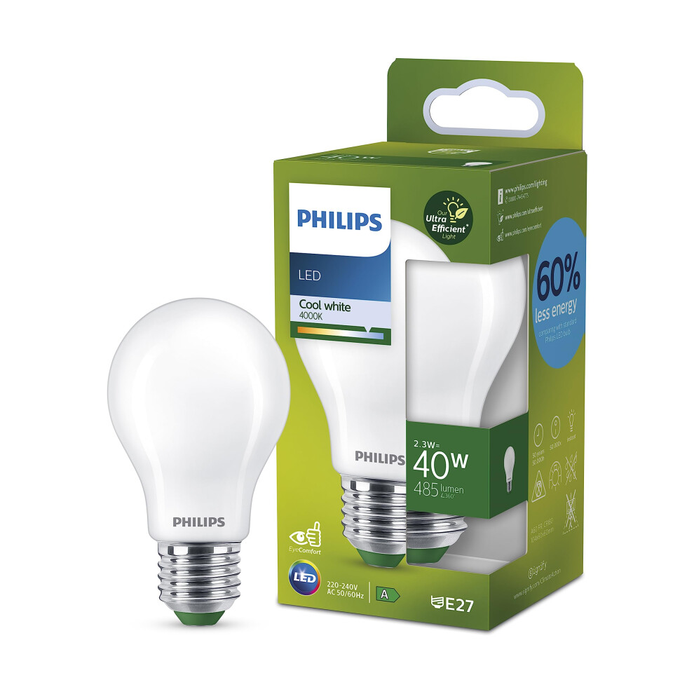 Philips Ultra Efficient - Ultra Energy Saving Lights, LED Light Source, 40W, A60, E27, Cool White 4000 Kelvin, Frosted
