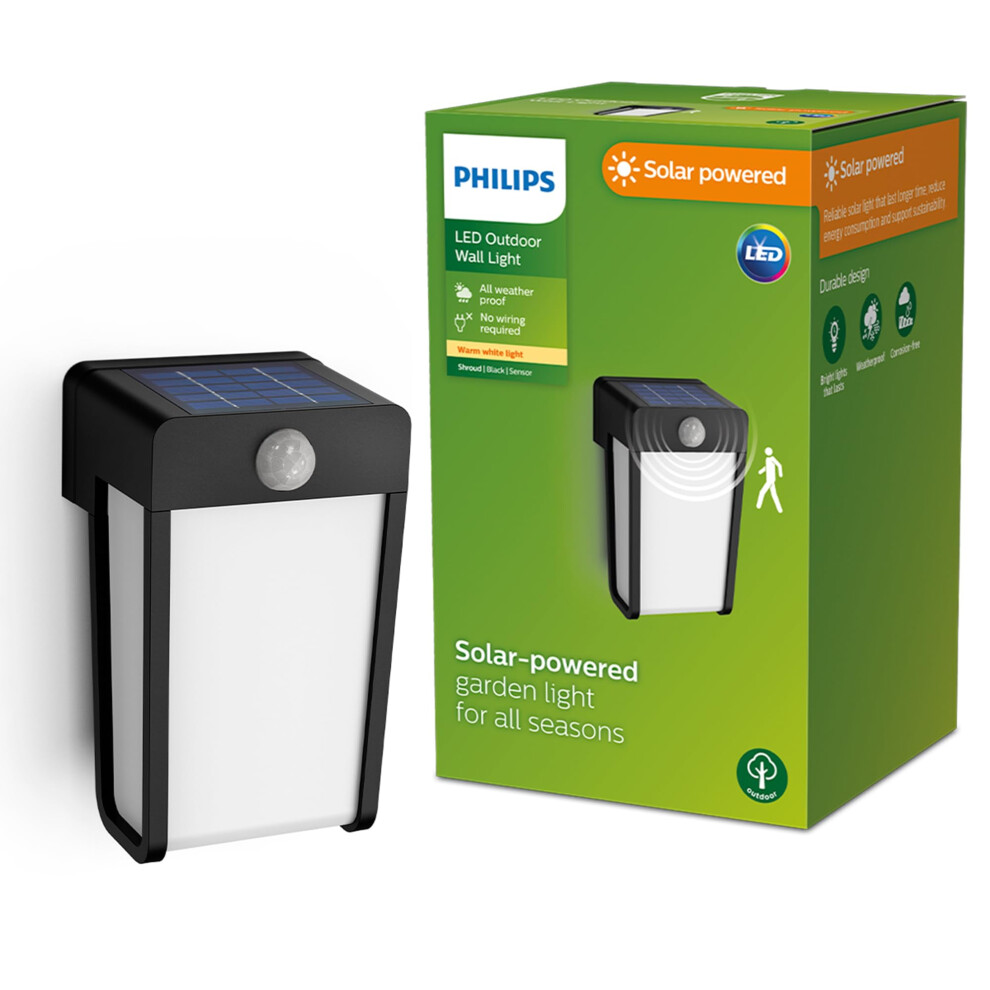 Philips Lighting Shroud Outdoor Solar Wall Light, 2.3W, 2700K, Black, Clear Glass, Motion Sensor, IP44 Weatherproof