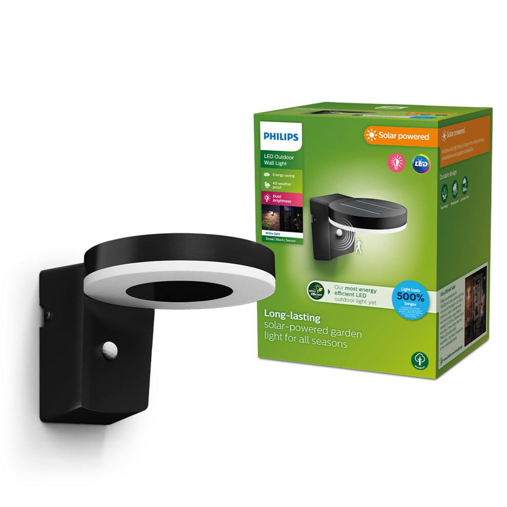 Philips Ing Zonal Ultraefficient Outdoor Solar Wall Round, 1.3W, 3000K, Motion Sensor, Ip44 Weatherproof Light/Black