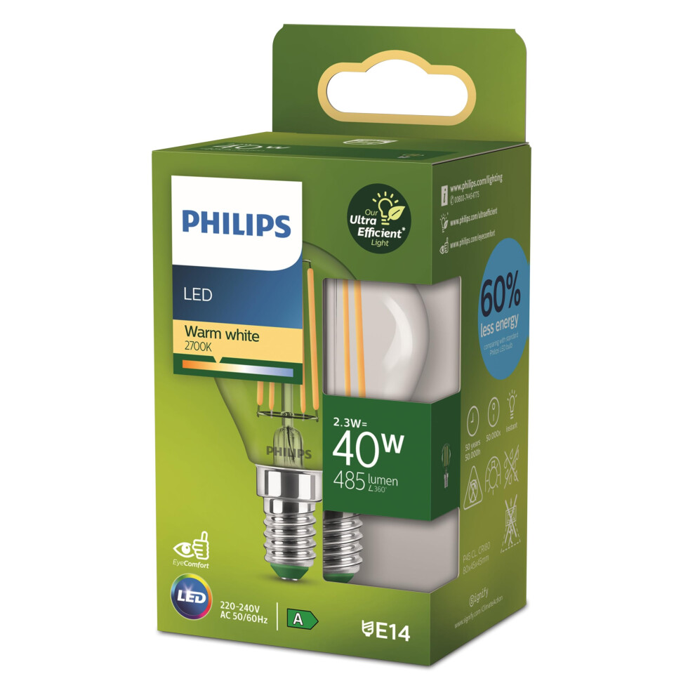 Philips LED Light Bulb, Classic, UltraEfficient, 40 W, 485 Lumen, P45, E14 2700 K, Clear Glass-image-OPC-PGBSNM5-NEW