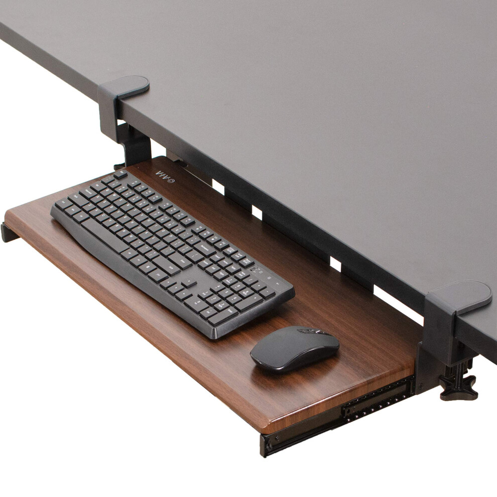 VIVO Clamp-on Computer Keyboard and Mouse Under Desk Mount Slider Tray  27 (33 Including Clamps) x 11 inch Pull Out Platform Drawer  Dark Wood Tray  B