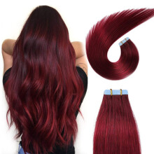 SUYYA Tape-in-Haarverlngerung, Echthaar, weinrot, 35,6 cm, 100 % Remy-Echthaar, 40 g/Packung, 20 Stck, gerade, nahtlos, Hauteinschlagband, Haarverl