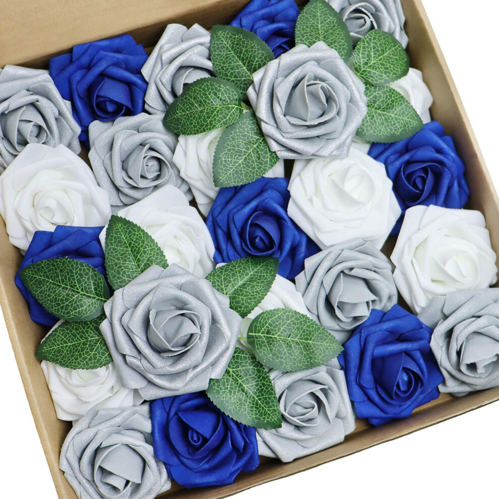 D-Seven 25pcs Artificial Flower White & Silver Gray & Royal Blue Roses with Stem for DIY Wedding Bouquets Floral Arrangements Wedding Flower Backdrop