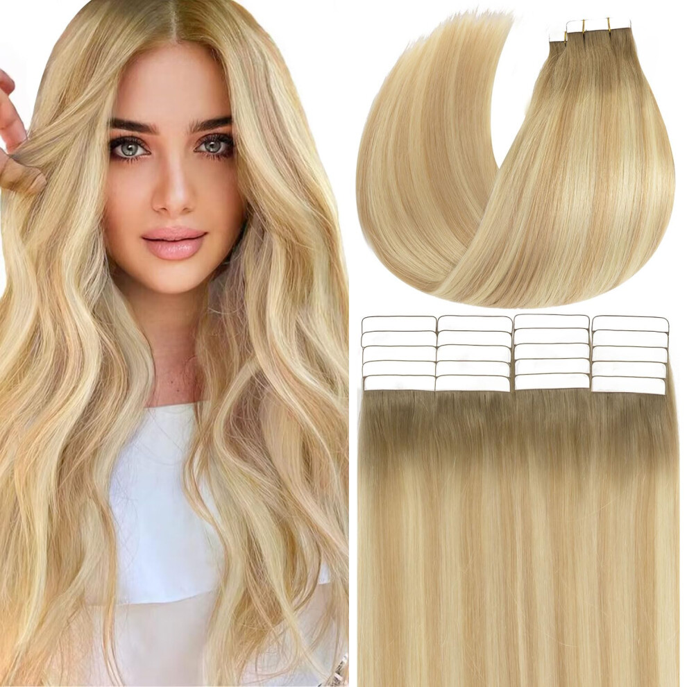 Anrosa Tape In Hair Extensions Human Hair 16 Inch Balayage Seamless Tape On Hair Skin Weft Color 8 Ash Brown Fading To 12 Dark Dirty Blonde Highlight