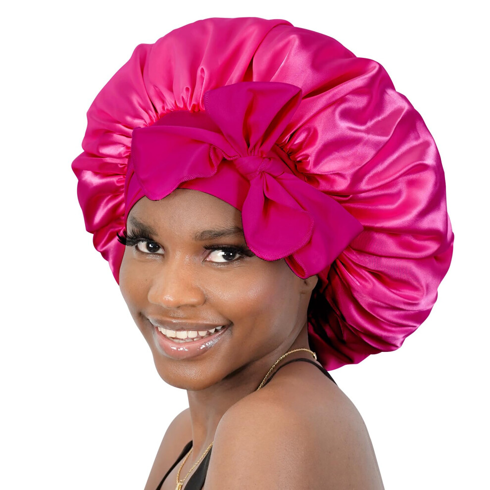 Bonnet Queen - Gorro De Sat N De Seda Para Dormir, Gorro Con Lazo Para El Cabello, Para Mujer, Con Banda El Stica, Cabello Natural, Rosa Fuerte-image