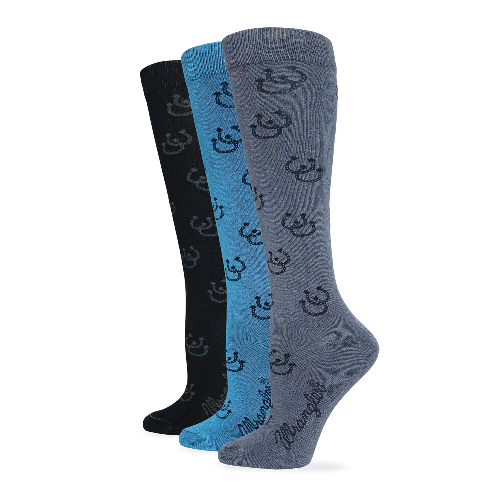 Wrangler Ladies Rayon Horse Shoe Pattern Knee High Boot Socks 3 Pair Pack (Black/Teal/Grey  Women's Shoe Size 6-9 - Sock Size Medium)
