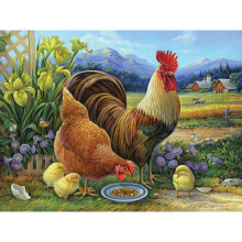 Bits and Pieces - 500 Piece Jigsaw Puzzle for Adults - Amber Rooster and Family - Hen Chicks Lunch Farm Country Flower Barn Jigsaw Puzzle by Arti