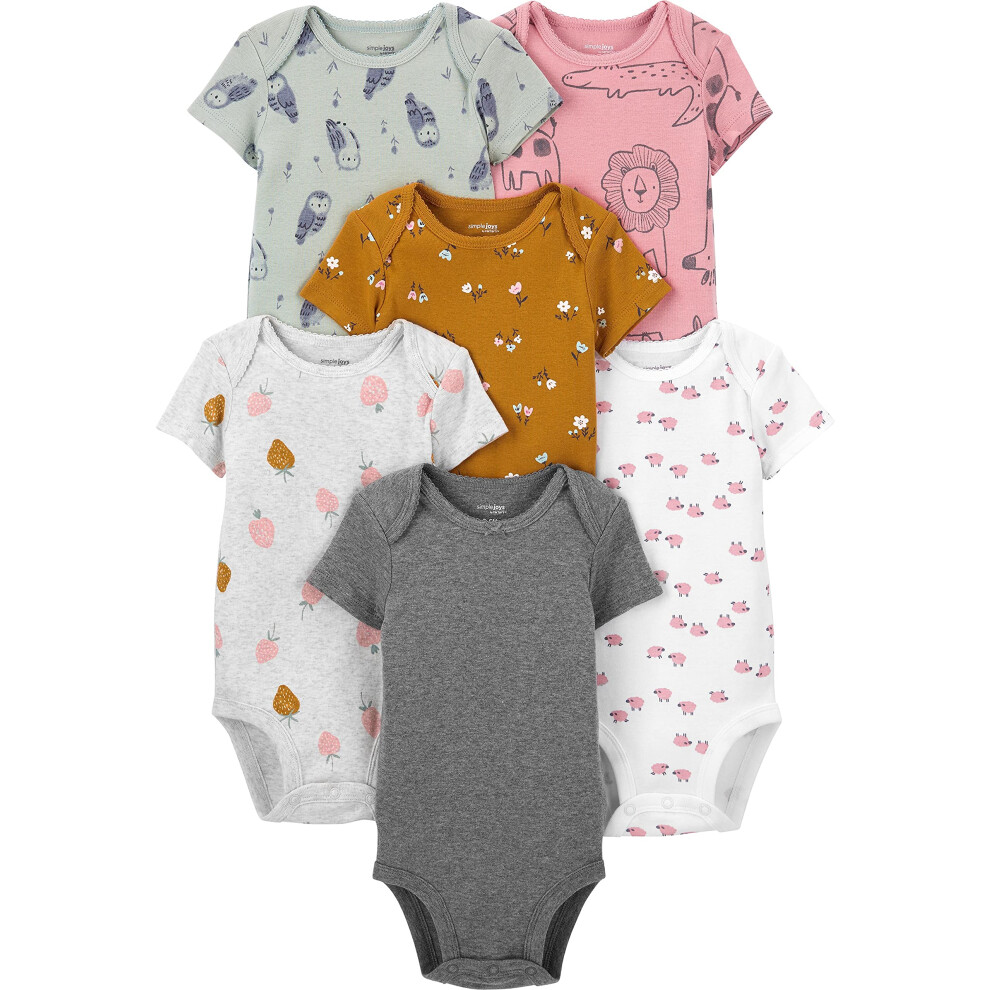 Simple Joys By Carter's Baby-M Dchen Kurzarm-Body, 6Er-Pack, Mehrfarbig/Blumen/Waldtiere/Eule/Schaf, 12 Monate-image