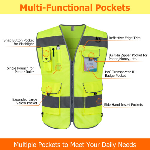TCCFCCT Γιλέκο Υψηλής Ορατότητας 9 Θ pockets, Ανακλαστικό Γιλέκο για Άνδρες και Γυναίκες 2