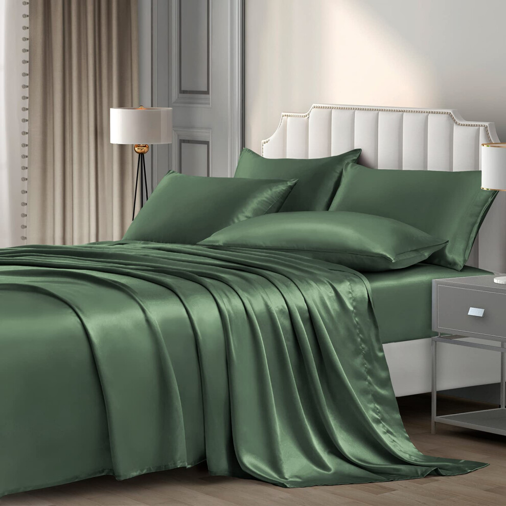 P Pothuiny Parure de lit 6 pi   ces en satin soyeux de luxe vert for   t avec 1 drap-housse     poche profonde, 1 drap plat et 4 taies d'oreiller