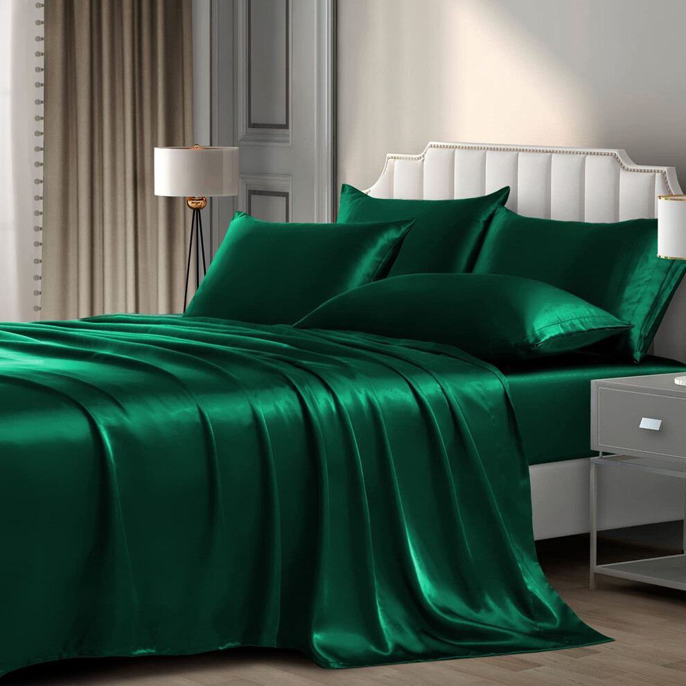 Pothuiny Parure de lit 6 pi   ces en satin de luxe soyeux vert noir   tre avec drap-housse     poche profonde, drap plat et 4 taies d'oreiller