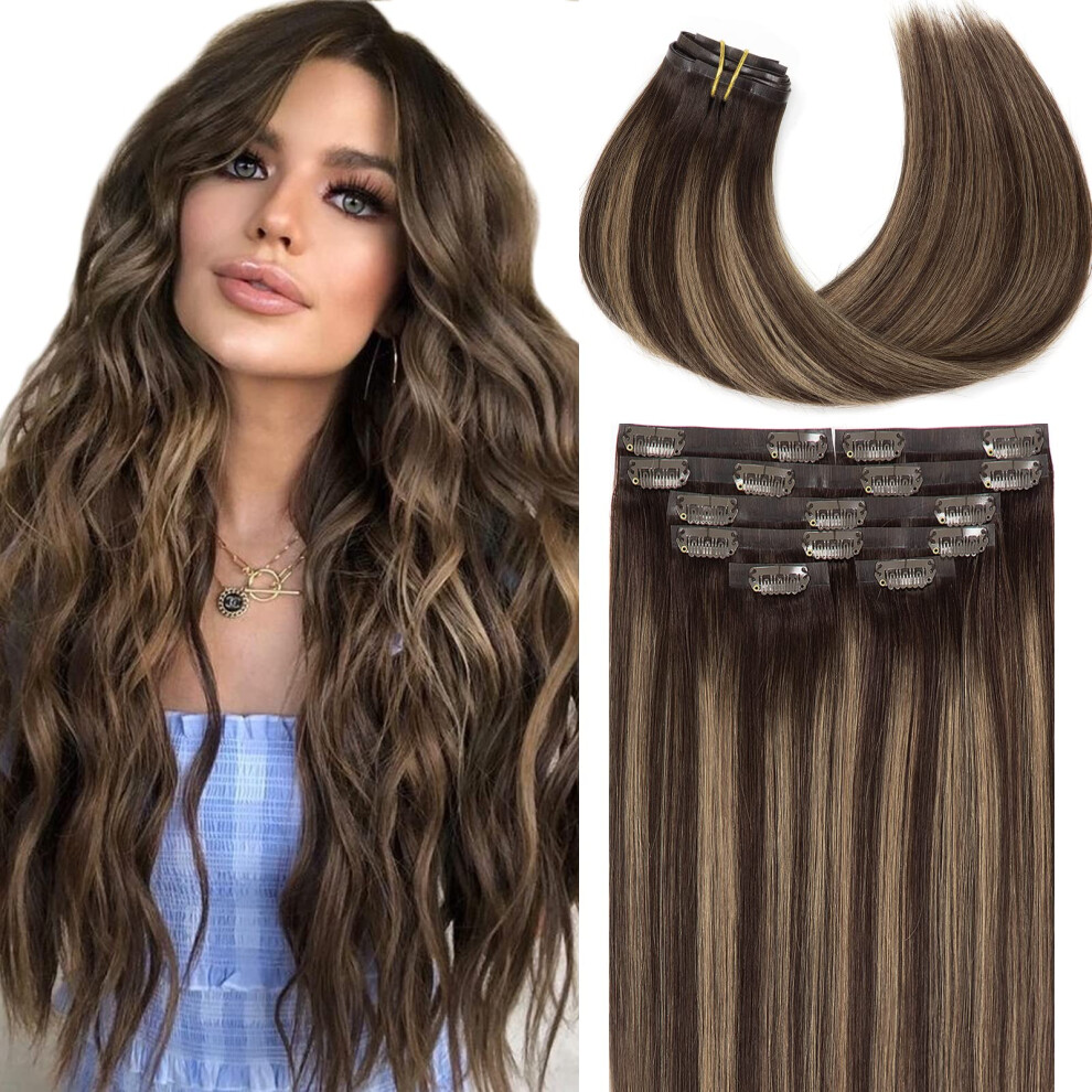 Loxxy Unisex Brown Seamless Extensions Clip In Human Hair Ombre Dark Fading To Chestnut And Dark Natural Remy Hair Extensions Clip In Human Hair