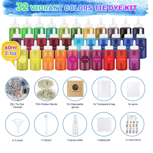 MojiDecor 32 Χρώματα Σετ Tie Dye, Μόνιμο Χρώμα Υφασμάτων για Παιδιά και Ενήλικες 1