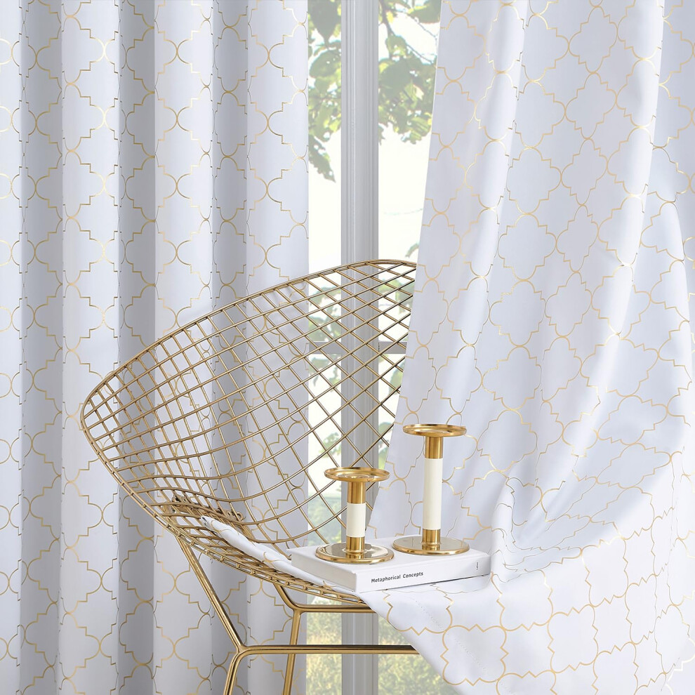 Enactex 100 % Vollstandige Verdunkelungsvorhange, Warmeisolierte Vorhange, 213,4 Cm Lang, Fur Schlafzimmer, Wei?Er Vorhang Mit Goldenem Geometris-image