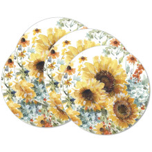 CounterArt Sunflowers Forever 4 Pack Round Reversible Easy Care Flexible Plastic Placemats Made in The USA Reversible Flexible Easily Wipes Clean