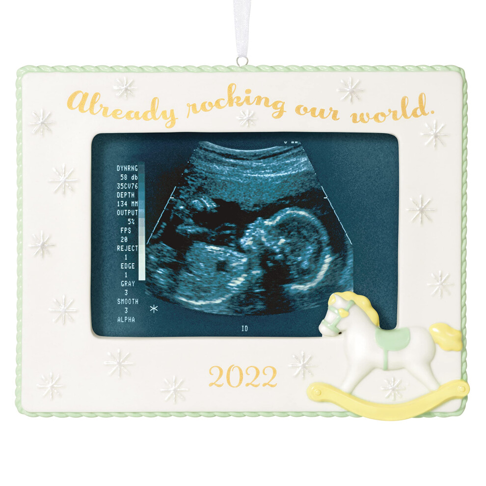 Christmas Ornament 2022 Rocking Our World Sonogram Picture Frame Porcelain Hallmark Keepsake