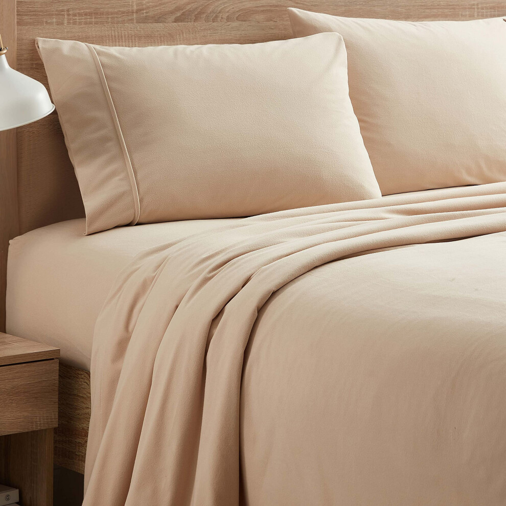 Parure de lit en flanelle chaude et confortable, avec poche profonde, respirante, toutes saisons, avec drap-housse et taies d'oreiller, beige