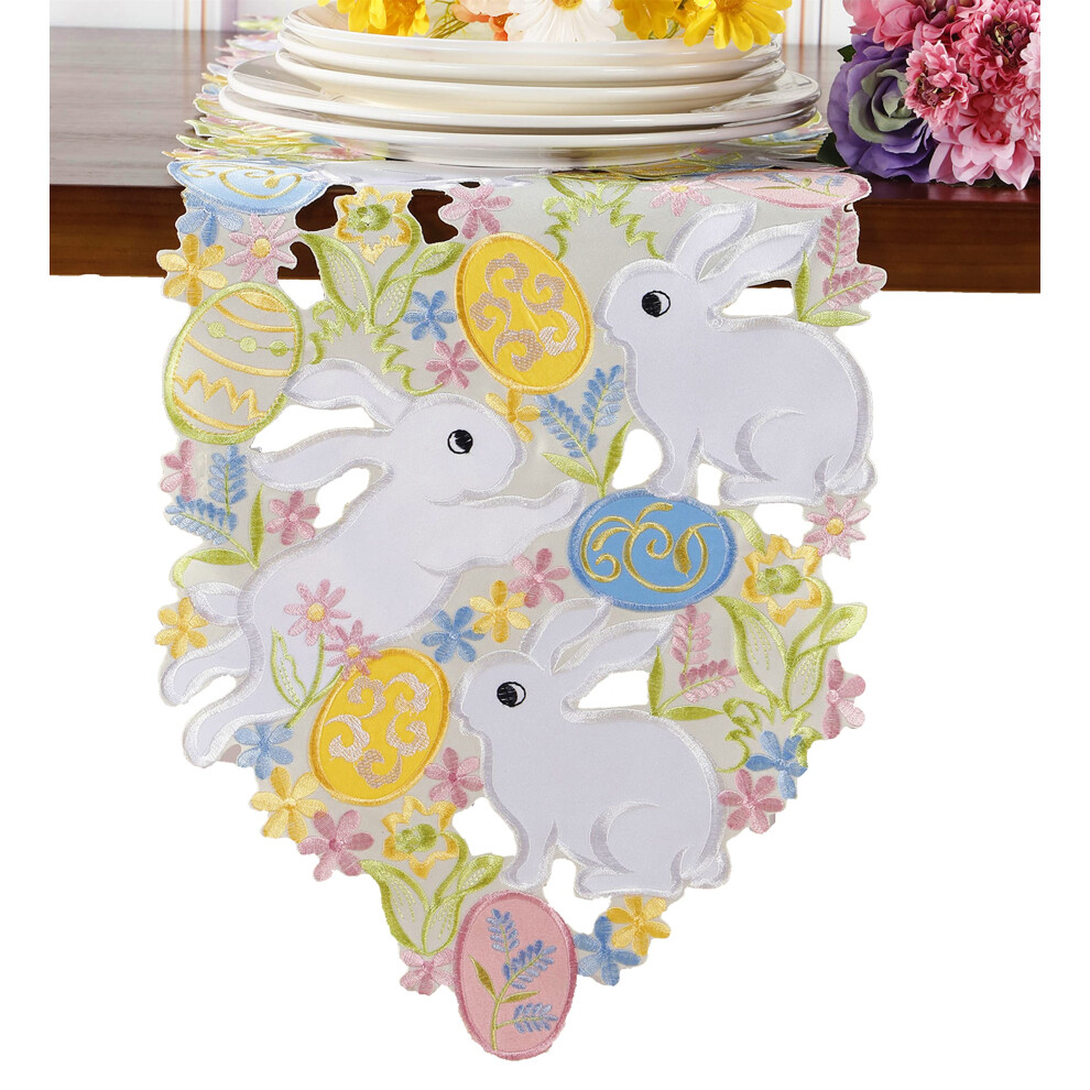 Easter Table Runner Spring Bunnys Flowery Table Runner Cutwork Embroidered Floral and Bunnys Dresser Scarf Table Topper Home Kitchen Dining Tabletop D-image-OPC-PFPJBRY-NEW