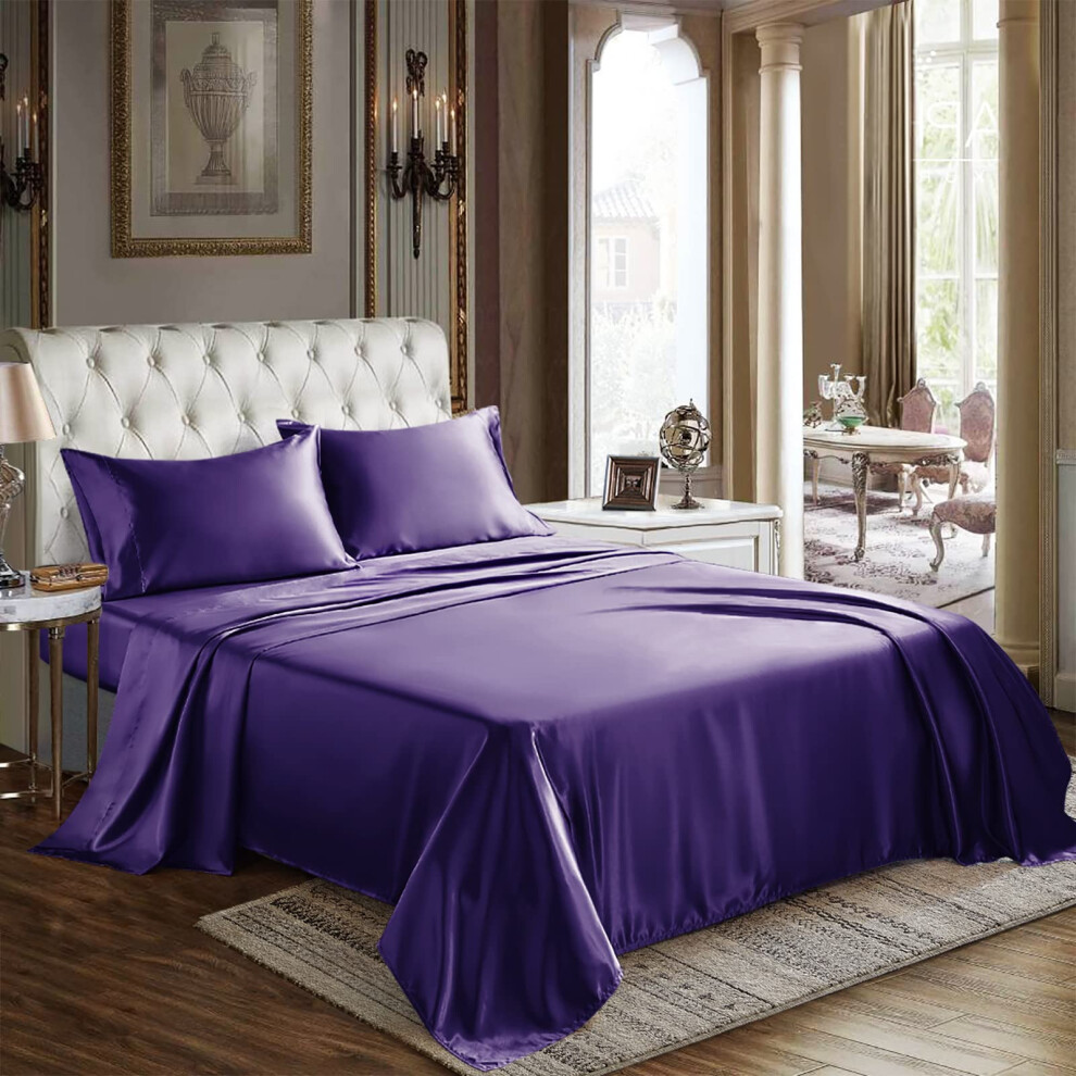 Draps en satin CozyLux pour lit double - Parure de lit 3 pi   ces violette avec microfibre soyeuse. 1 drap-housse     poche profonde, 1 drap plat et