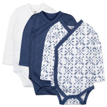 HonestBaby - Confezione da 3 body kimono a maniche lunghe in cotone biologico con bottoni laterali, colore blu bussola per neonati