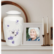 Urna de cremaci   n con mariposas violetas - Dise   o femenino morado colorido con flores lilas - Urna funeraria blanca - Urna grande para cenizas hu