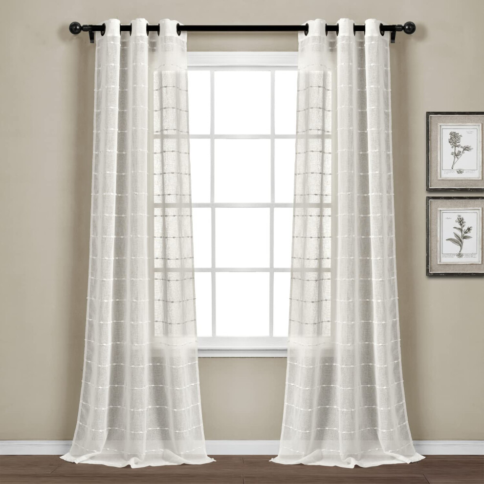 Lush Decor Farmhouse Textured Grommet Sheer Window Curtain Panel Pair  38""""W x 120""""L  White-image-OPC-PFNSGPS-NEW