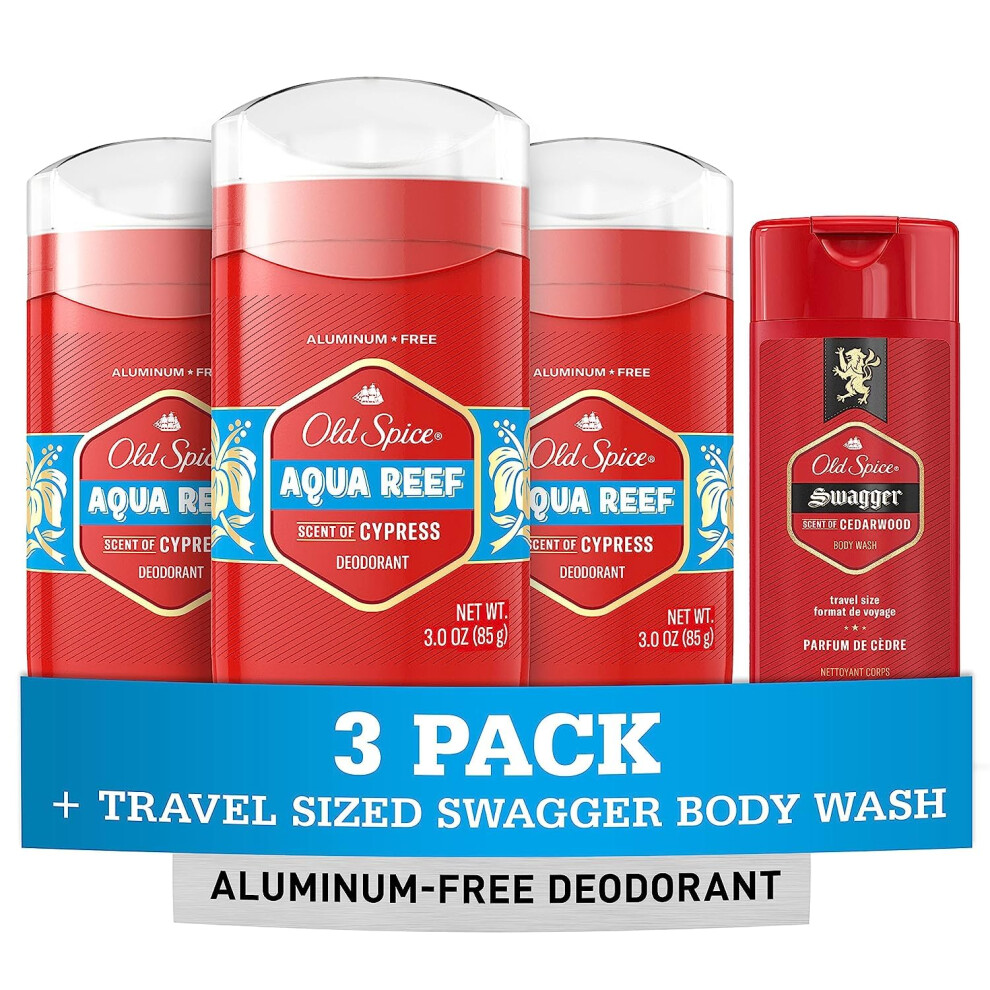 Old Spice Men's Deodorant Aluminum-Free Aqua Reef  3.0oz Pack of 3 with Travel-Size Swagger Body Wash