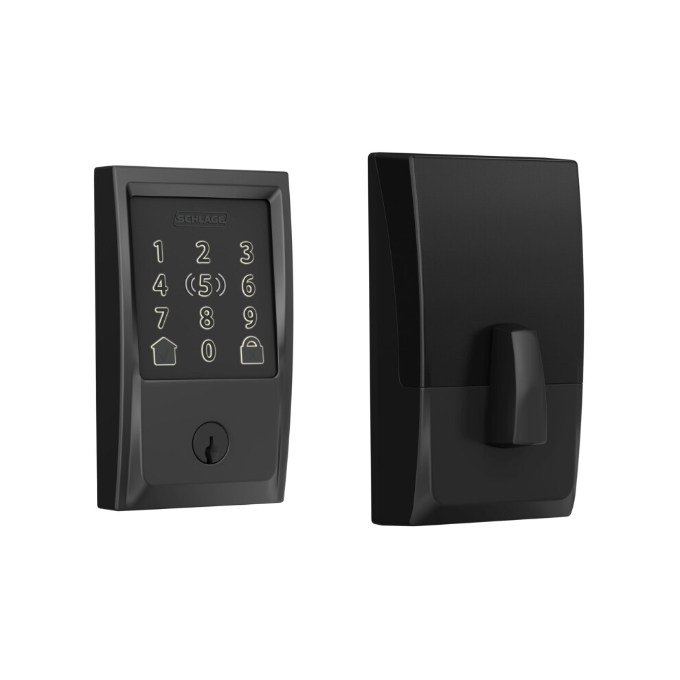 Serrure intelligente    p  ne dormant Wi-Fi Schlage BE499WB CEN 622 Encode Plus, entr  e sans cl  ,   cran tactile, avec garniture Century, noir mat