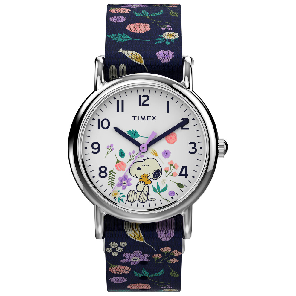Timex Womens Watch Peanuts Weekender Casual Ladies Wristwatch - Featuring Snoopy and Woodstock in a Floral Motif  Silver-Tone Case with Blue Fabric St