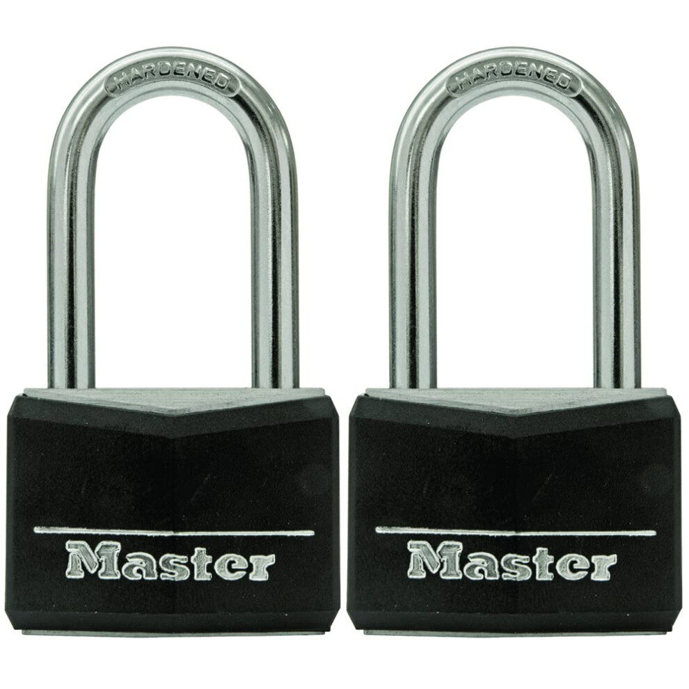 Master Lock Black Vinyl Covered Aluminum Padlock with Key  Keyed-Alike Lock for Toolboxes  Gym Lockers  or Storage Locker  2 Pack  141TLF