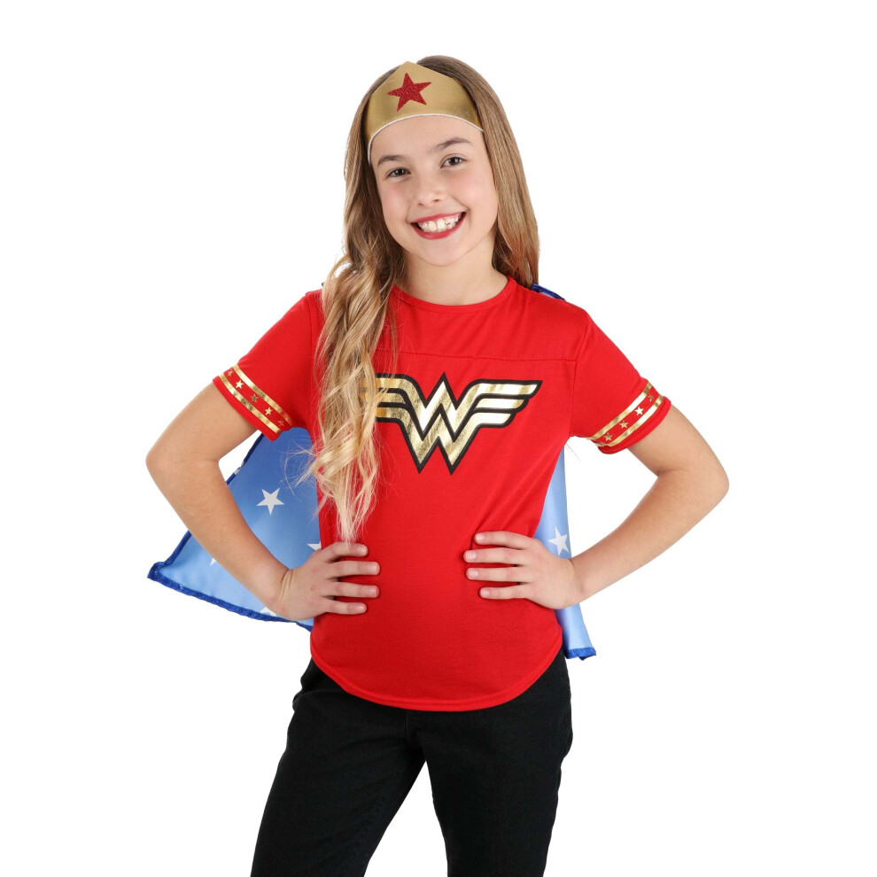 Costume d   contract    Wonder Woman pour fille, chemise rouge, blanche et bleue, tenue de super-h   ros avec cape et diad   me en mousse, taille M