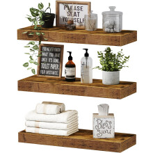 QEEIG Floating Shelves for Wall Bathroom Shelf Bedroom Kitchen Farmhouse Small Book Shelf 16 inch Set of 3 Rustic Brown (015-BN3)