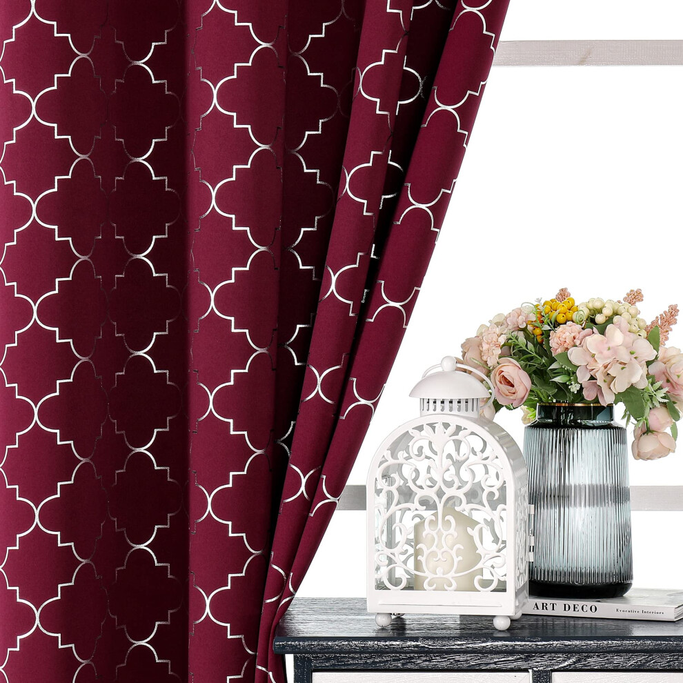 Enactex 100% Full Blackout Curtains 63 Inch Length Thermal Insulated Red Curtain with Geometric Metallic Silver Pattern  Light Blocking Grommet Window-image-OPC-PFNR26B-NEW