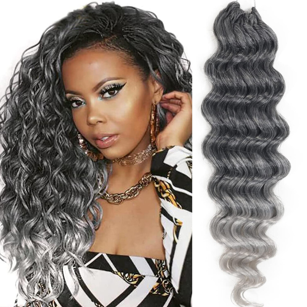Svolna Ocean Wave Crochet Hair14inch Grey Ombre Curly Braiding Ocean Wave Hair 7 Packs Deep Wave Shoulder Length Medium Long Wavy Ocean Wave Crochet Hair For