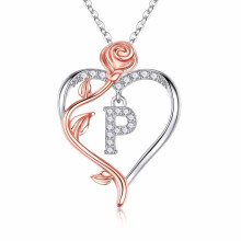 Iefil Dainty Necklace for Women 925 Sterling Silver Rose Love Heart Initial P Letter Pendant Necklace Jewelry Mothers Valentines Day Gifts for Her Wi