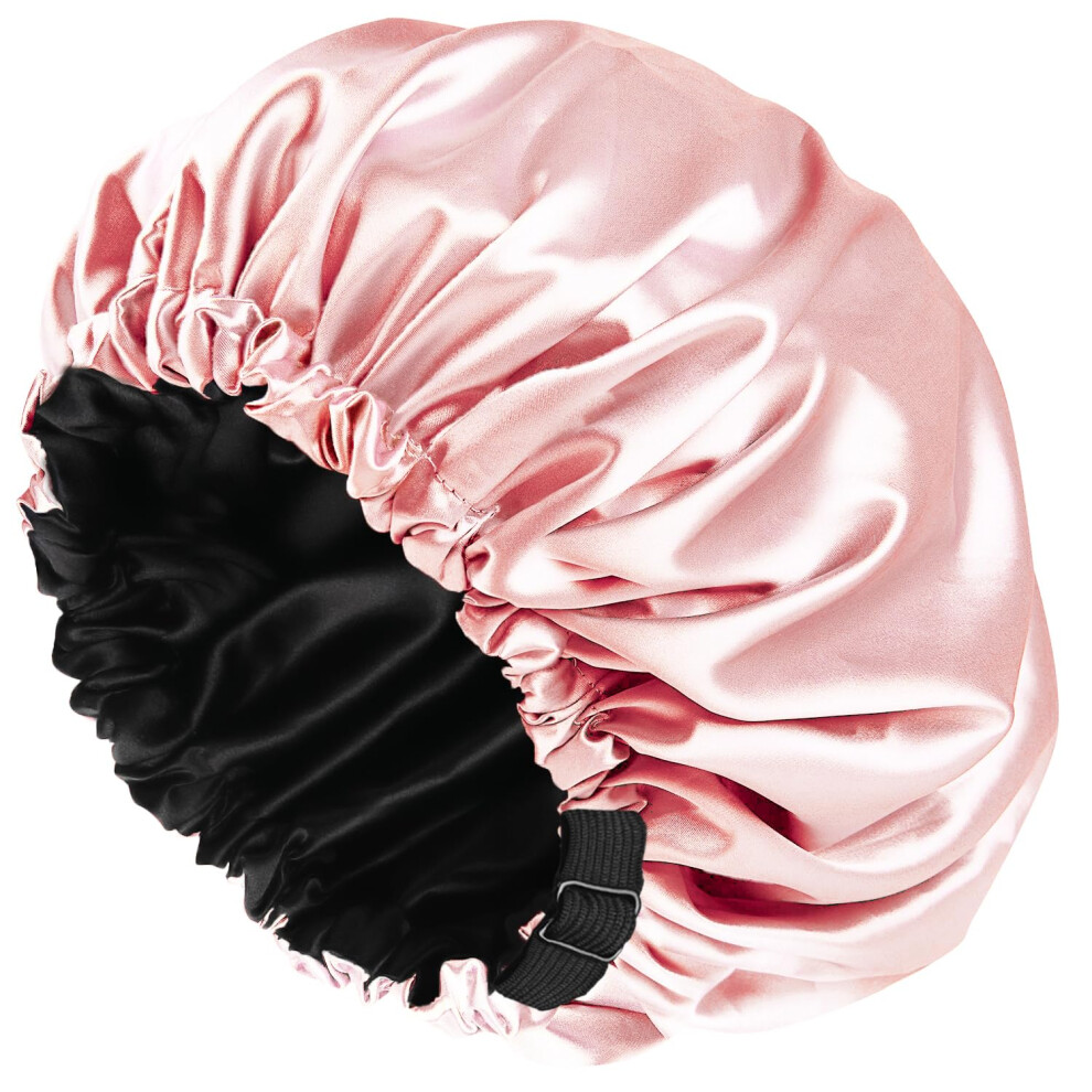 Amamba Shower Cap 100% Real Satin Lined Shower Cap Extra Large Shower Cap For Women Reusable Waterproof Adjustable Size&Long Hair Bath Caps