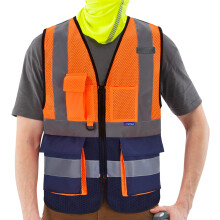 A-SAFETY Reflexvst i mesh med hg synlighet med fickor och dragkedja Hi Vis Viz reflekterande skerhetsvst (Orange & Navy Mesh M)