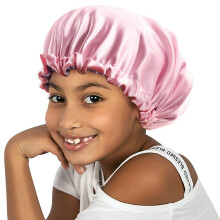 ELIHAIR Medium Kids Satijnen Muts Slaapmuts voor Natuurlijk Haar Tieners Kind Verstelbare Satijnen Muts voor Nachtslapen Omkeerbaar Dubbellaags Roze/