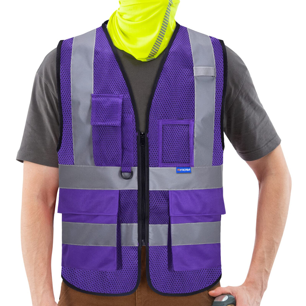Gilet de s  curit   r  fl  chissant haute visibilit   A-SAFETY avec poches et fermeture   clair pour homme et femme (maille violette, taille M)