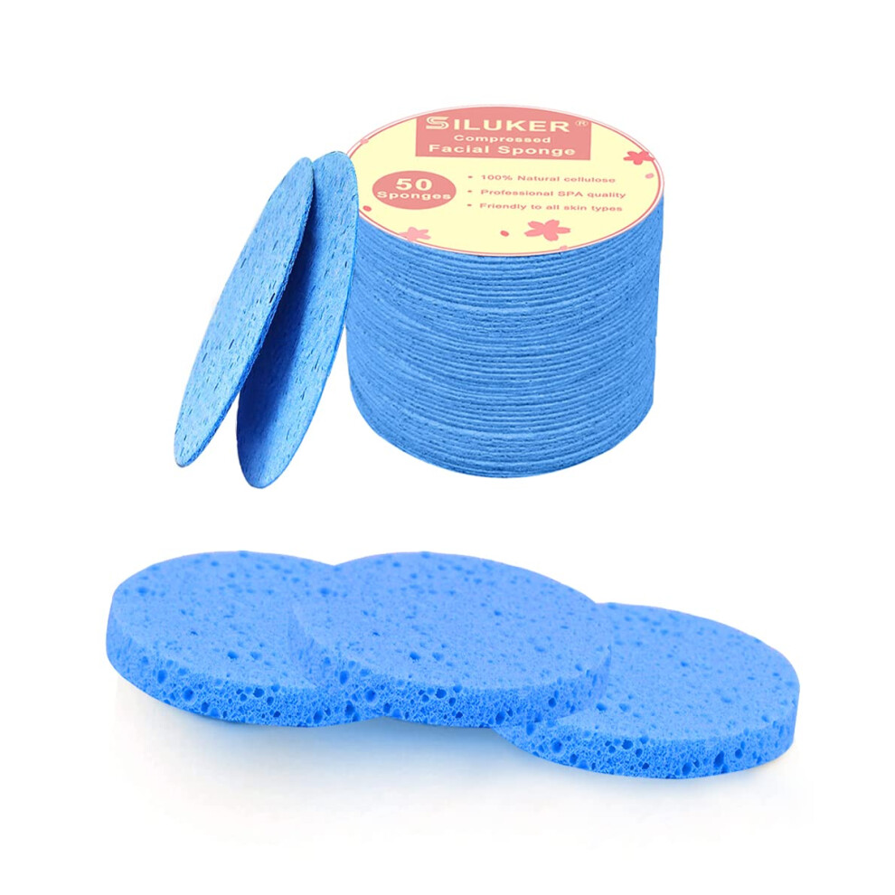 Siluker Blue 50-Count Compressed Facial Sponges For Daily Cleansing And Gentle Exfoliating 100% Natural Cellulose Spa Sponge Perfect For Removing Dead Skin Dirt